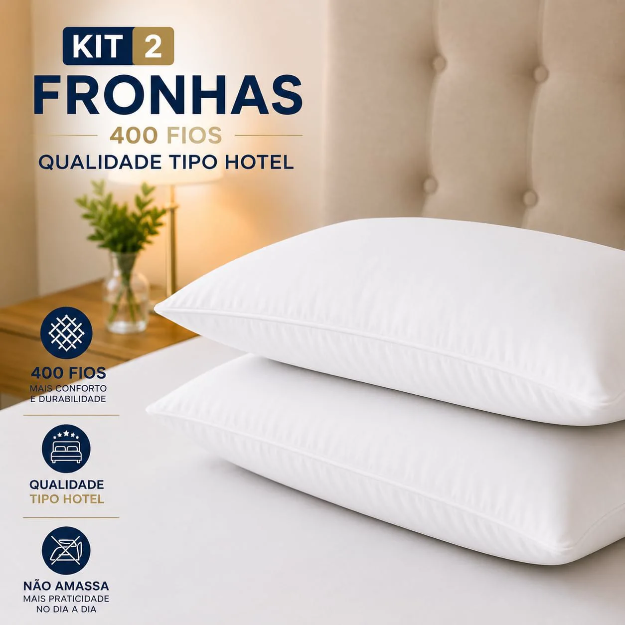Kit 2 Fronhas 50 × 70 cm 400 Fios Tipo Hotel