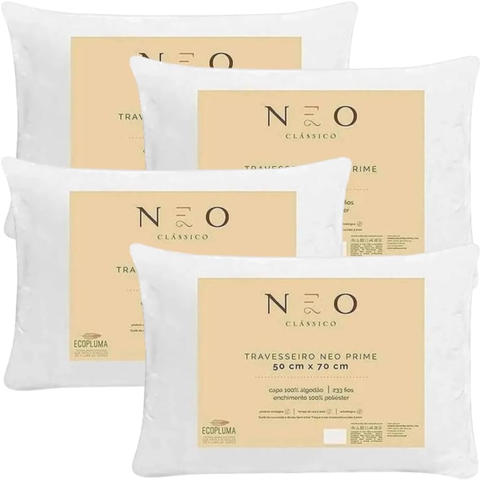 Kit 4 Travesseiros Neo Prime Ecopluma Percal Algodão 233 Fios