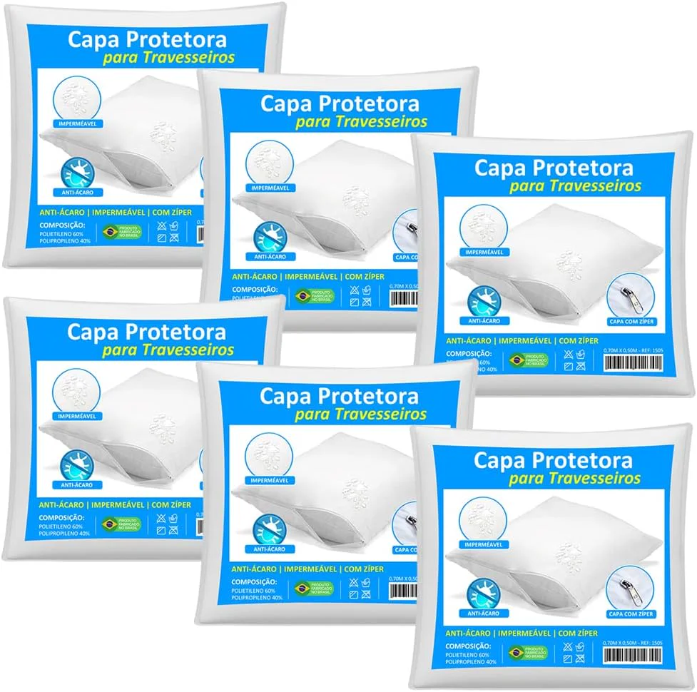 Kit com 6 Capas Impermeáveis para Travesseiro com Zíper 50 × 70 cm